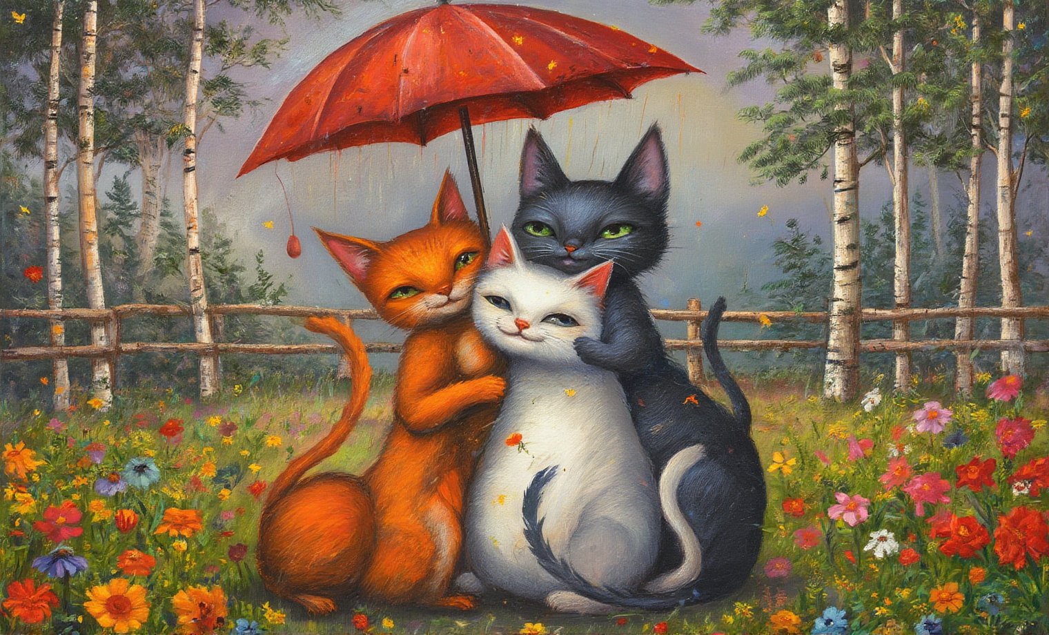 whimsical folk art in the style of Julia pott Quentin Black Kandinsky inspired of a 3 different coloured cats huddling
close together under a red umbrella that one cat is holding to shelter from the rain. Bg of wooden fenced meadow  with birch trees,colorful wildflowers , ,Whimsical Kiko,surreal,lowbrow art style,FantaVin Anime Art,Oil In Canvas.Kiko