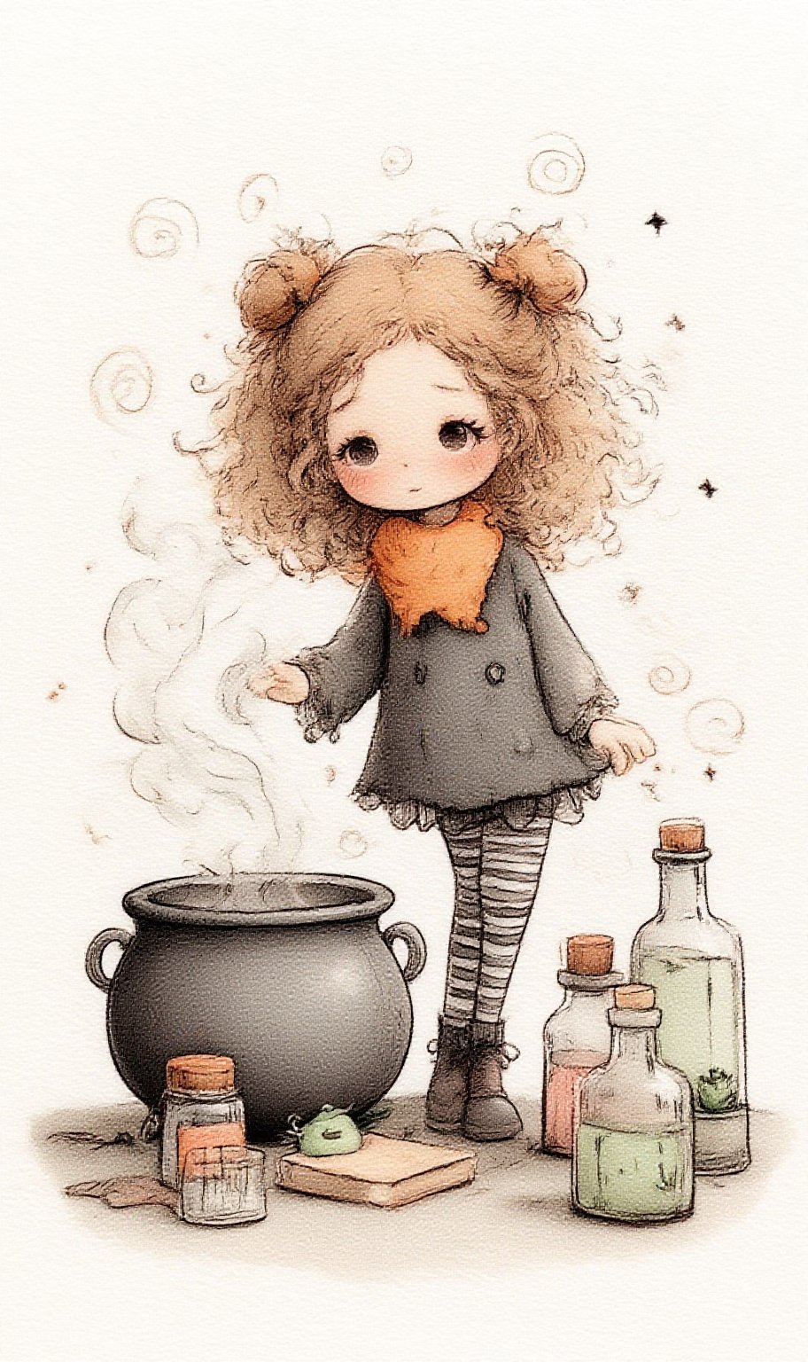 Whimsical painterly witch girl with curly,  messy hair,  cauldron by user_kk5566 on Tensor.Art