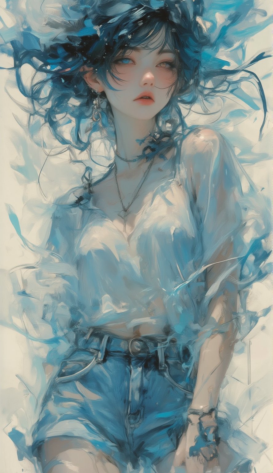 Transparent oil paint,  bold and rough,  with swirling and messy pale blue brushstrokes. Temperamental beautiful girl by u...