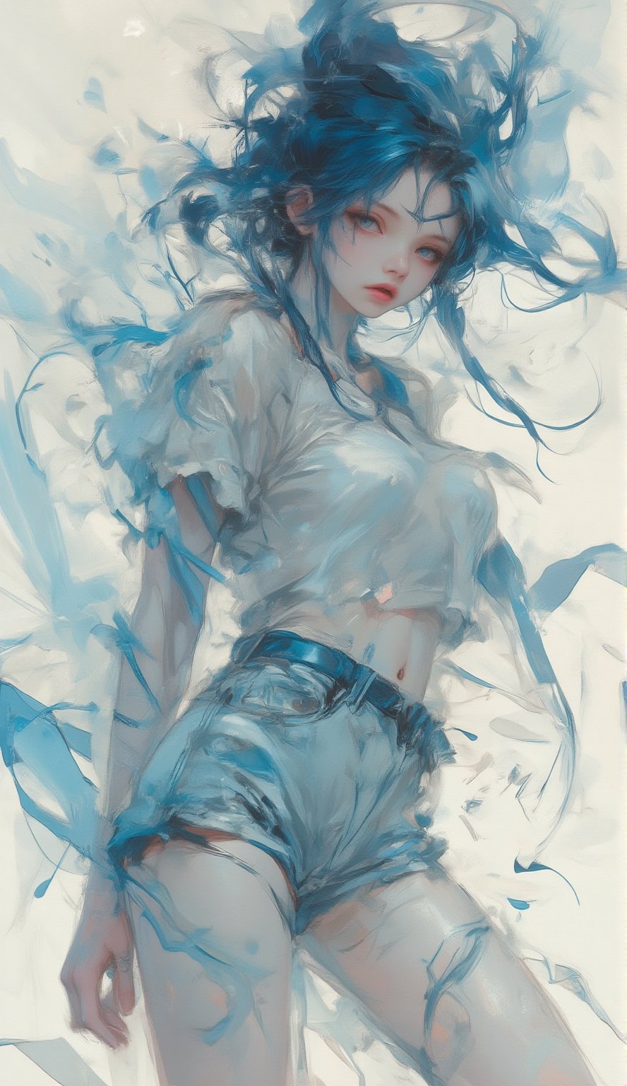 Transparent oil paint,  bold and rough,  with swirling and messy pale blue brushstrokes. Temperamental beautiful girl by u...