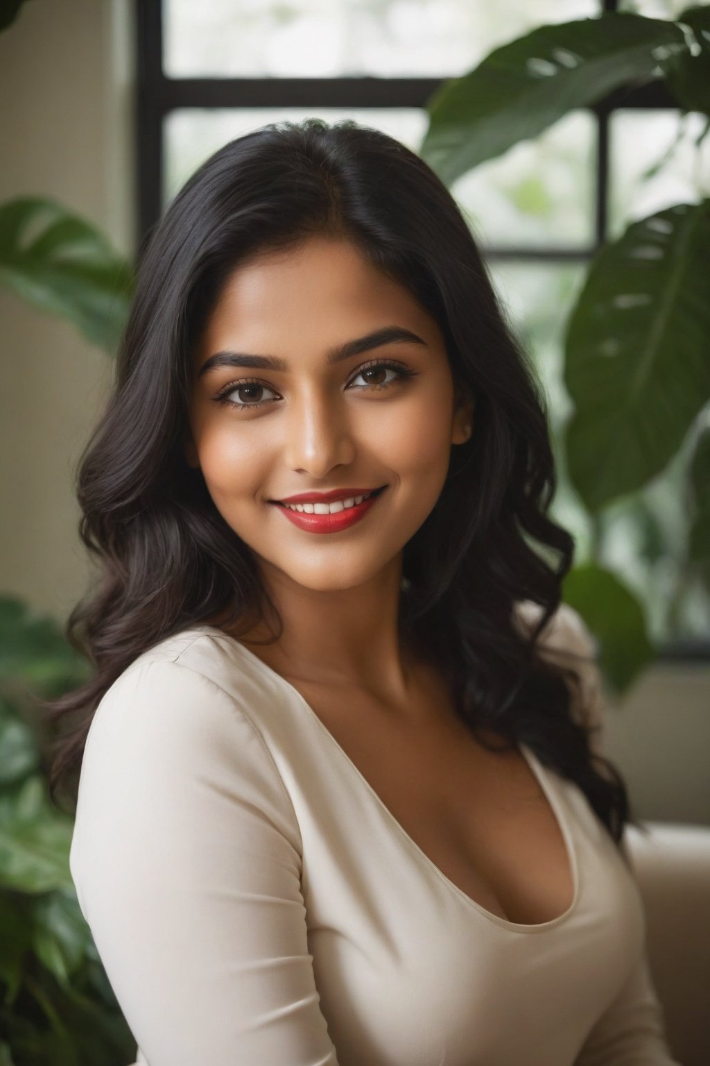 A 22-year-old Indian woman sits confidently in her office, bathed in warm, soft light that highlights her serene features. Framed by wavy dark hair, her slender face radiates calmness as a gentle red-painted smile plays on her lips. Behind her, lush greenery spills into the room through the window, providing a tranquil backdrop to her striking black suit. Her bold attire draws attention to her natural beauty, as she sits poised and composed, ready to take on any challenge.,bbw