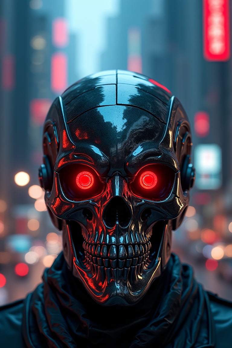 A mechanical skull motorcycle face shield emerges from a futuristic cityscape's darkness, its mirrored visor gazing forward like a cybernetic sentinel. As the light reflects off its metallic surface, the interior reveals the skull's intricate details: two red eye orbs glowing like embers. The neon-lit cityscape behind it pulsates with energy, its towering skyscrapers and sleek architecture accentuating the mechanical skull's high-tech aesthetic.