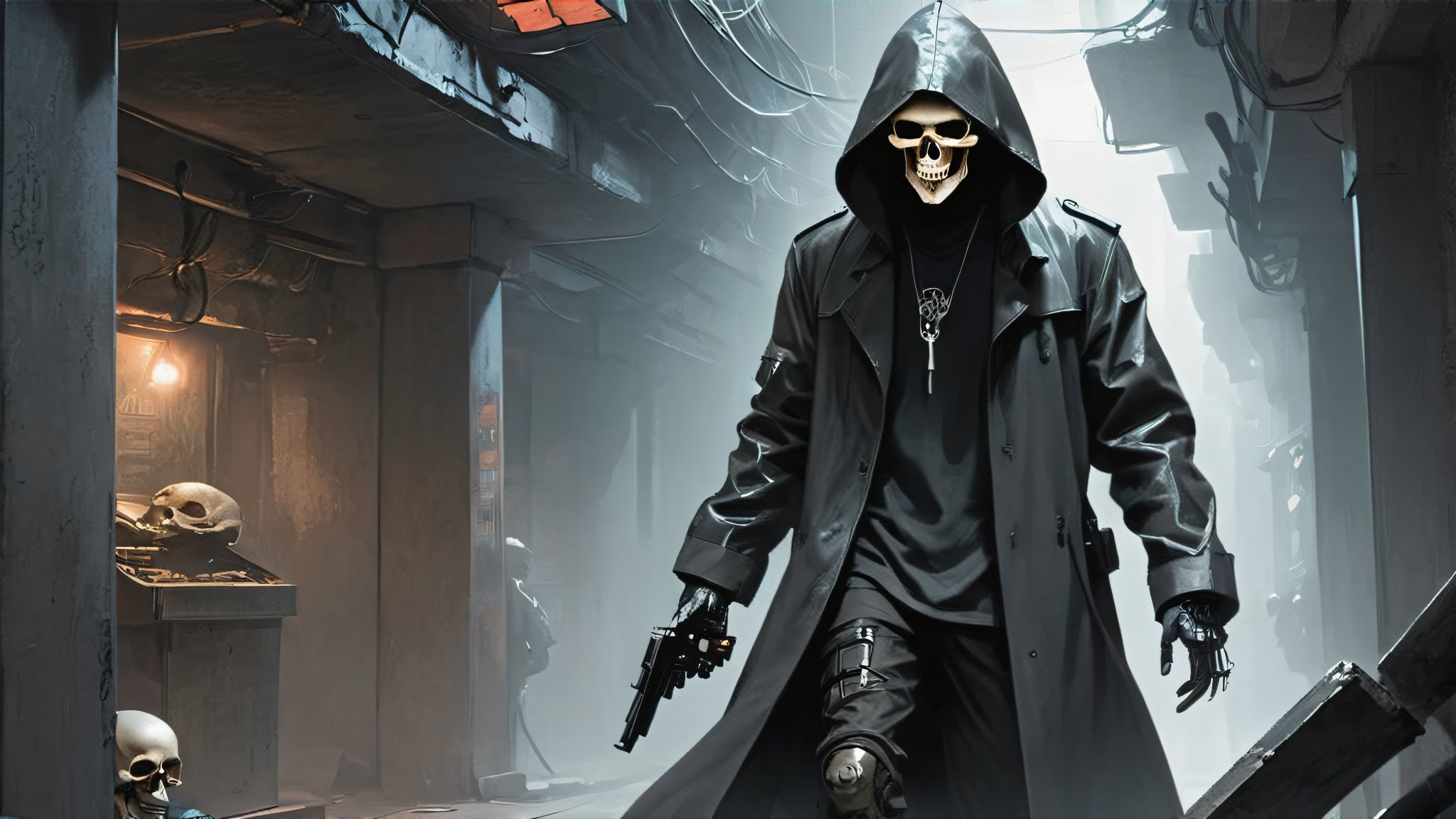 In the depths of the underground city's labyrinthine tunnels, shadows danced eerily along dimly lit corridors. The protagonist, clad in a black hooded trench coat and a skull mask, stealthily positioned himself behind a crumbling concrete pillar. In one hand, he gripped a silenced handgun, its metal cold against his palm. Strapped securely across his back was a silenced submachine gun, a deadly insurance policy in this clandestine transaction.

From his concealed vantage point, he surveyed the makeshift market stalls ahead where distant figures haggled in whispered tones. The air was heavy with the scent of dampness and the faint hum of malfunctioning neon lights flickered ominously. Across the cavernous space, oblivious to his presence, armed adversaries negotiated with cautious exchanges, their intentions veiled behind masks of their own.

Every move calculated, every breath measured, the protagonist awaited the opportune moment to strike or slip away undetected, amidst the labyrinth of secrets that echoed through the underground domain.,cyberpunk style