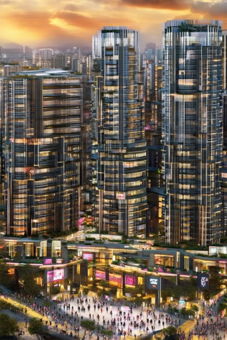 Futuristic Metropolis at Dusk: A sweeping cityscape unfolds as setting sun casts golden glow on towering skyscrapers, reflecting vibrant hues of orange and pink. Neon lights dance across pavement amidst slender poles supporting holographic ads. Crowds gather, diverse faces woven into pulsing energy, surrounded by Newcolony's stacked structures, symbolizing human innovation.,Horizontal,Stacked