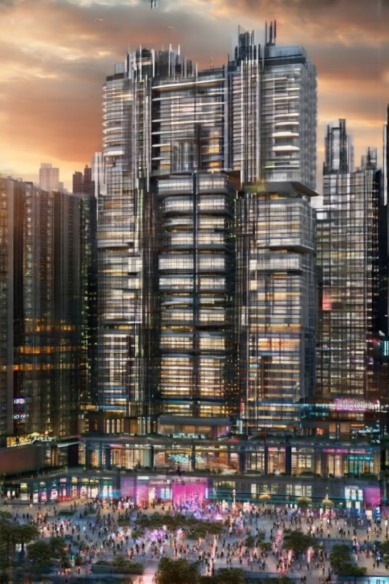 Futuristic Metropolis at Dusk: A sweeping cityscape unfolds as setting sun casts golden glow on towering skyscrapers, reflecting vibrant hues of orange and pink. Neon lights dance across pavement amidst slender poles supporting holographic ads. Crowds gather, diverse faces woven into pulsing energy, surrounded by Newcolony's stacked structures, symbolizing human innovation.,Horizontal,Stacked