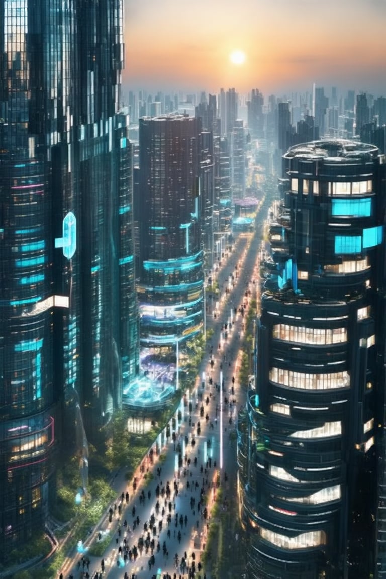 A futuristic cityscape at dusk, with sleek skyscrapers and neon-lit streets radiating a sense of technological advancement. Towering buildings with glass facades reflect the vibrant hues of the setting sun, while slender poles supporting holographic advertisements pierce the air. The atmosphere pulses with energy, as people from all walks of life converge on the bustling city.,Void,Horizontal