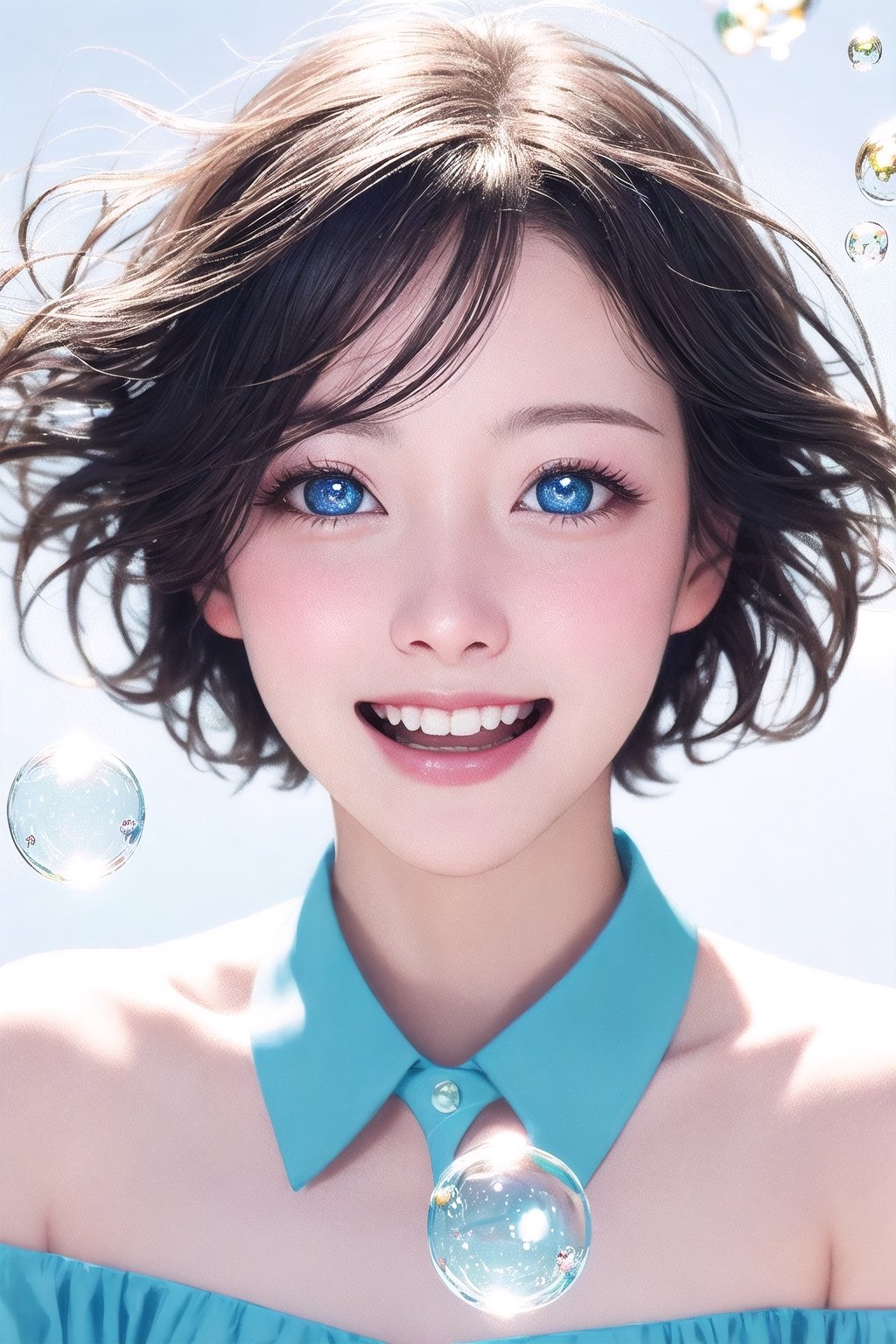 1girl,solo,white background,falling down,floating,in air,floating hair,Bubbles, blue eyes, clear sparkling deep eyes, smiling, happy, open mouth,refracted sunlight, light spots, sadness, lowered head,short hair
pastel,perfect light