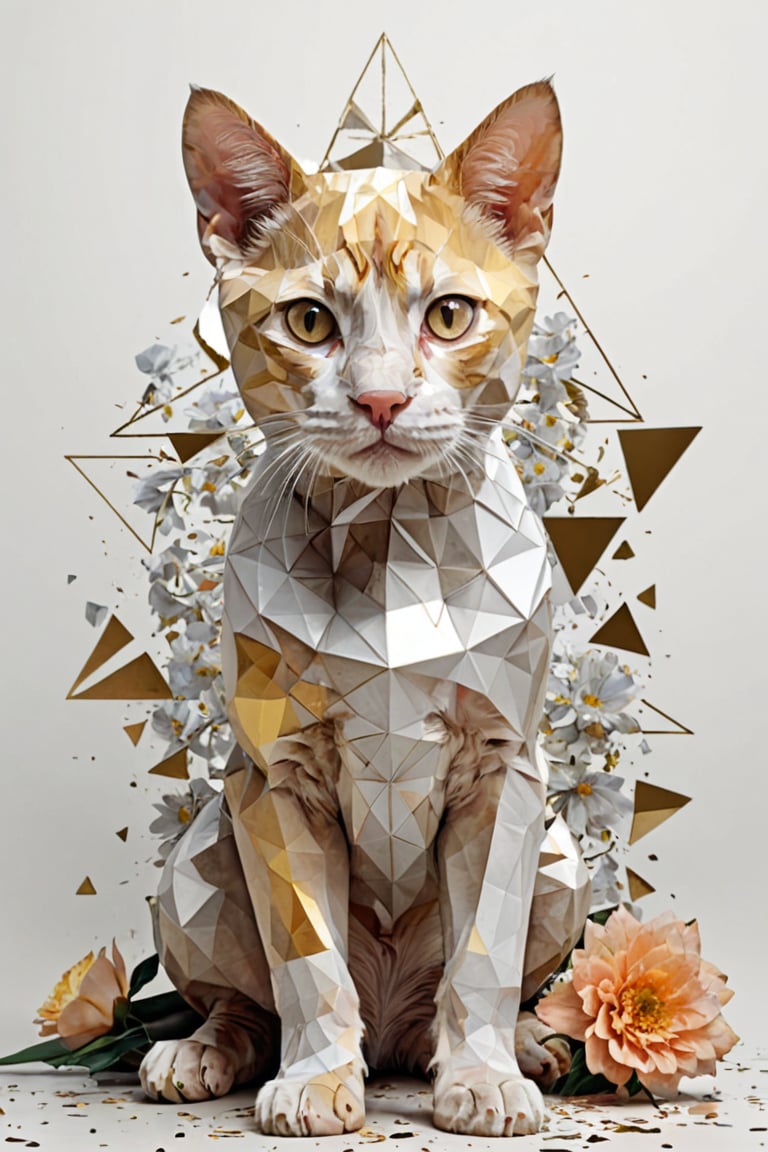 fragmented, full body, A Puppy, Half golden and half white, osmium, next to a bunch of flowers, a low poly render, surrealism, geometric shapes and pixel sorting, white gradient background, style of Anthony Gerace, russ mills, Dual representation, One half of the cat's face is white and the other golden geometric, gold-colored triangular facets that appear to be breaking away into smaller triangles, giving the impression of the cat transitioning into an abstract form, polygonal fragments, flowers growing out of his bodyfractal art, abstract, hyperrealistic, masterpiece, best quality, 