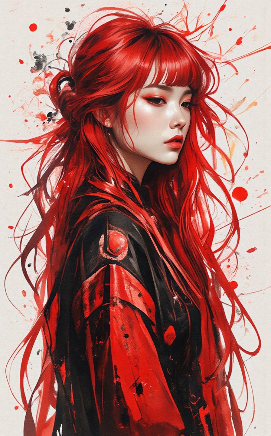 A striking stencil art portrait of a young sexy Asian woman with very long fiery glowing red hair swirling in the wind. She is in a distinctive metallic red dress, featuring a circle pattern and bold stripes. Her intense gaze is directed to the right, lightly downwards, as if contemplating a secret. The stark white background highlights the intricate details of the stencil work, showcasing the artist's skill and precisionm,,lady & rayograph,,,victorian vision,.retro glam,surreal,sparklesAuguste Renoir ~ Paul Peel ~ John Singer Sargent ~ Alexandre-Jacques Chantron ~ John William Godward ~ John William Waterhouse ~ Han-Wu Shen ~ Ishitaka Amano ~ Chakrapan Posayakrit ~ Kim Jung Gi ~ Kei Mieno ~ Ikushima Hiroshi ~ WLOP ~ William-Adolphe Bouguereau ~ Alphonse Mucha ~Luis Royo ~ Range Murata ~ Jock Sturges photography ~ David Hamillton photography ~ Rustic Sketchbook Style, Sketch Book, Hand Drawn, Dark, Gritty, Realistic Sketch, Rough Sketch, Mix of Bold Dark Lines and Loose Lines, Bold Lines, On Paper, Turnaround Character Sheet, Natural Light, Dynamic, Highly Detailed, Watercolor Painting, Watercolor Paper, Artstation, Concept Art, Smooth and Crisp, Sharp Focus, Illustration, Goth girl 