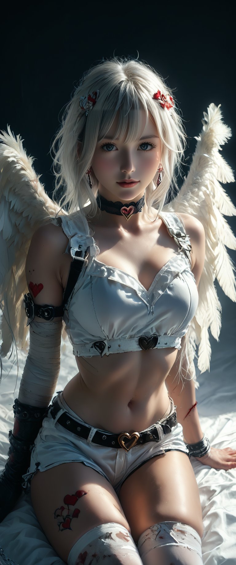 1girl, solo, looking at viewer, bangs, shirt, hair ornament, thighhighs, gloves, jewelry, sitting, white hair, heart, earrings, wings, shorts, sleeveless, choker, elbow gloves, midriff, belt, white gloves, collar, lips, crop top, grey eyes, blood, tattoo, chain, bandages, piercing, bandaid, feathered wings, angel wings, injury, white shorts, bandaged arm, realistic, white wings, bandaid on face, red lips, cuts, heart tattoo, bandaid on arm