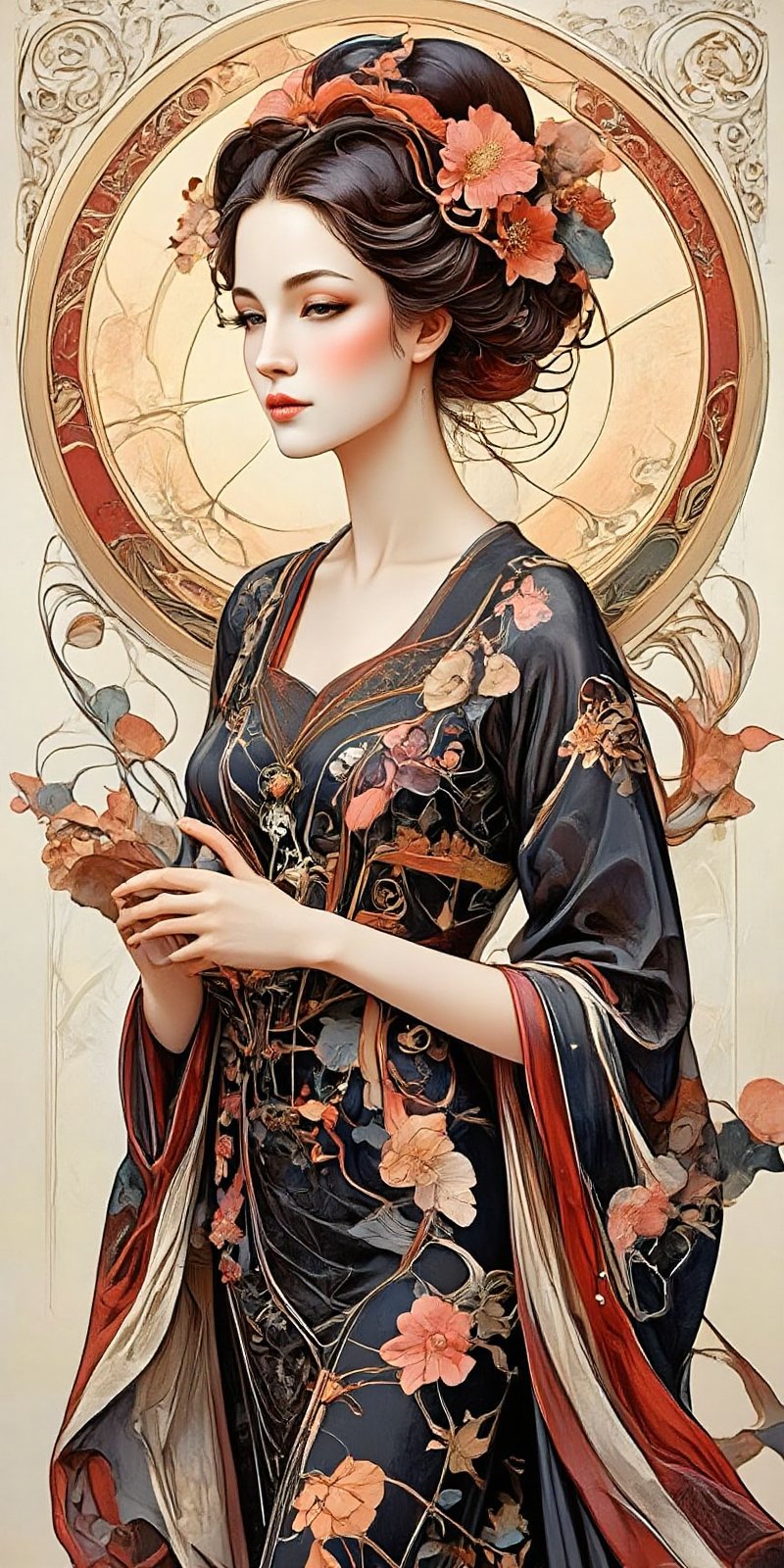 a woman with a flowered headpiece and a black dress,  cyberpunk art by Lü Ji,  cgsociety by Medlinyelle on Tensor.Art