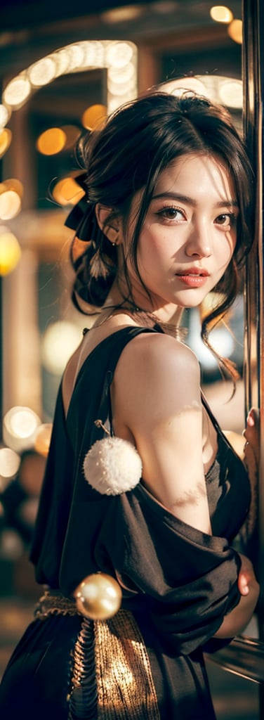 a young woman,looking at the camera, posing,ulzzang, streaming on twitch, character album cover,red moment,style of bokeh,daily wear,moody lighting,appropriate comparison of cold and warm, hair over one eye, bow on head, reality,idol,Beauty,beauty, fine art, boho gypsy, epic, shabby chic,  