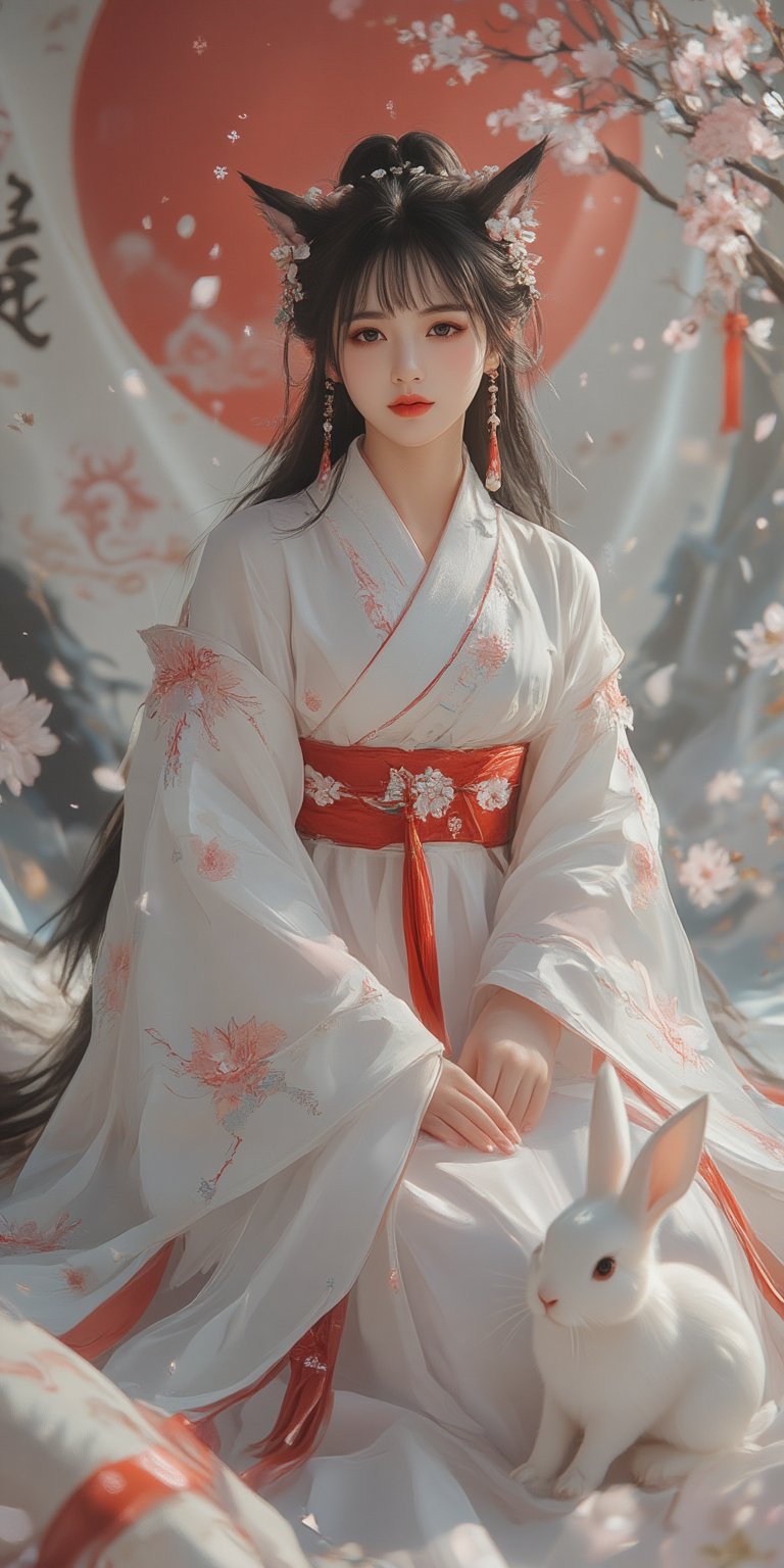 A young woman in a beautiful white kimono sits on a soft, patterned fabric. She is adorned with delicate floral hair ornaments and a red tassel hangs from her waist. Her expression is serene and elegant, her gaze directed towards the viewer. A white rabbit sits beside her, adding a touch of innocence and charm to the scene. The background features a large red circle and a traditional Chinese character, creating a sense of cultural richness and mystique. [Photorealistic portrait, inspired by the works of Annie Leibovitz and Steve McCurry], [Soft, natural light, focus on the woman's face and her elegant pose, blurred background with a sense of depth, textured surfaces, a sense of cultural heritage and beauty], Hanfu, KOLNB, Ahri,Auguste Renoir ~ Paul Peel ~ John Singer Sargent ~ Alexandre-Jacques Chantron ~ John William Godward ~ John William Waterhouse ~ Han-Wu Shen ~ Ishitaka Amano ~ Chakrapan Posayakrit ~ Kim Jung Gi ~ Kei Mieno ~ Ikushima Hiroshi ~ WLOP ~ William-Adolphe Bouguereau ~ Alphonse Mucha ~Luis Royo ~ Range Murata ~ Jock Sturges photography ~ David Hamillton photography,sparkles,,surreal