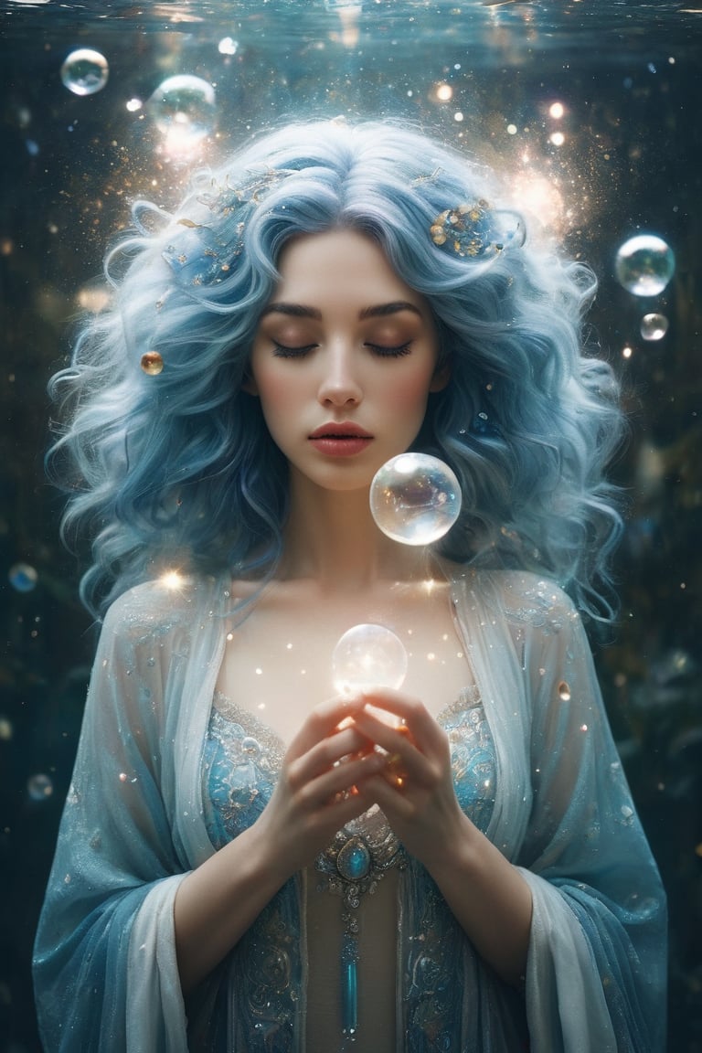 A serene and ethereal female figure with flowing blue hair that merges with the surrounding environment. She has closed he...