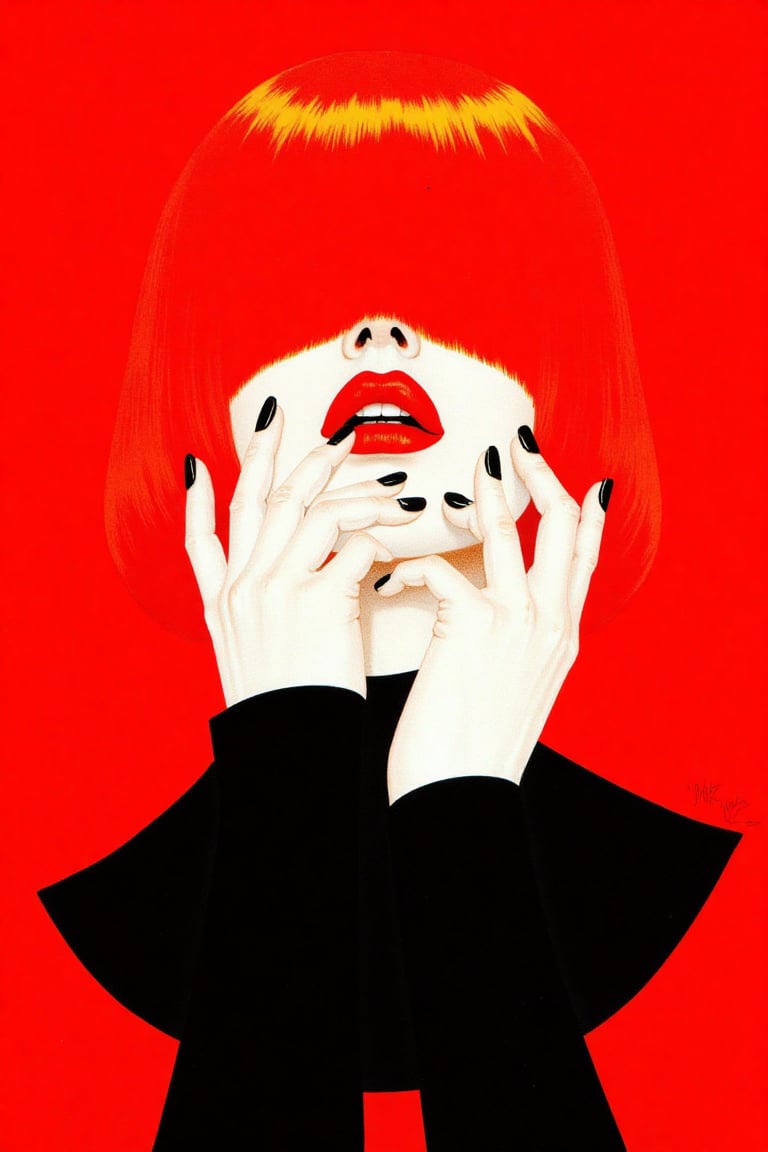 Fadeaway,  A 3/4 portrait illustration of a woman with vibrant red hair,  cut short to chin-length by Medlinyelle on Tenso...