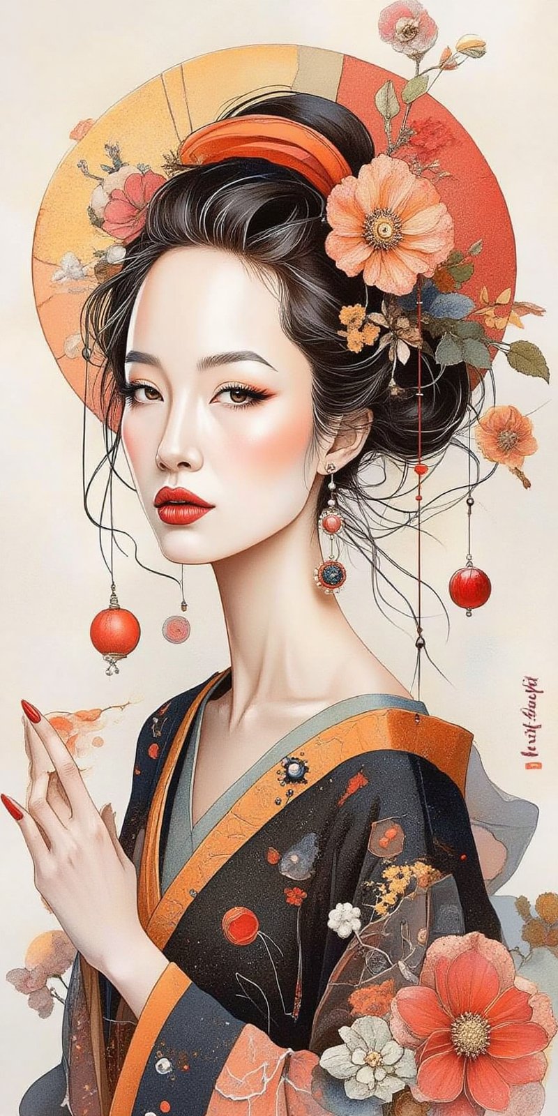 a woman with a flowered headpiece and a black dress,  cyberpunk art by Lü Ji,  cgsociety by Medlinyelle on Tensor.Art
