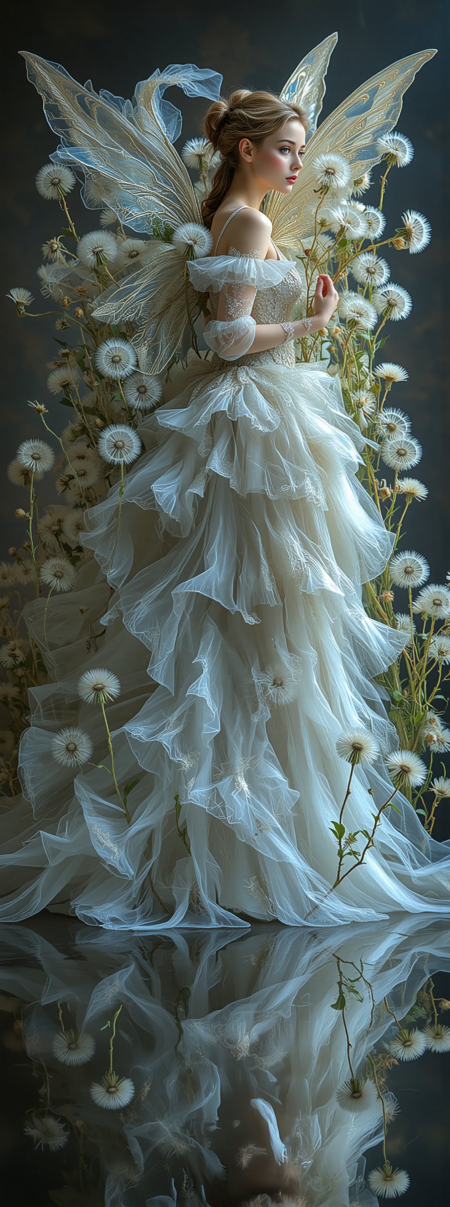 Like an amazing movie poster. side view. A fairy-like figure with delicate wings and a flowing,  intricate gown. The fairy...