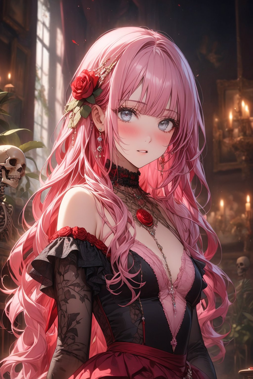 masterpiece, best quality, extremely detailed, (illustration, official art:1.1), 1 girl ,(((( light pink long hair)))), light pink hair, ,15 years old, long hair ((blush)) , beautiful face, big eyes, burlesque,shabby chic,,fine art,epic,Boho gypsy, marquise,duchesse,masterpiece, best quality,(((((a very delicate and beautiful girl))))),Amazing,beautiful detailed eyes,blunt bangs((((little delicate girl)))),tareme(true beautiful:1.2), ,masterpiece, best quality,1girl, solo, flower, long hair, rose, red hair, red flower, heart, grey eyes, thorns, red rose, vines, dress, looking at viewer, parted lips, bangs, black flower, black dress, gloves, holding, plant, very long hair, skeleton, ring, white background, black rose, picture frame, card, frills, black gloves, white eyes, blurry ////////, ,