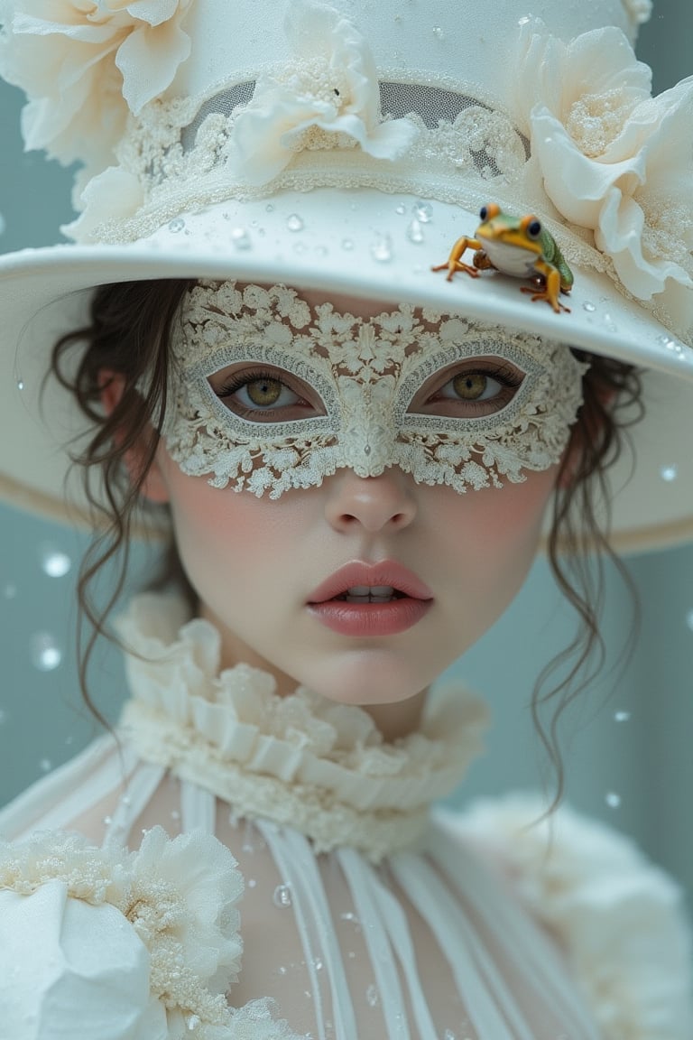 a medium close up of a person wearing a mask, dreamy gothic girl, elegant render, half body photo, mistress, photoshop render, ivory rococo, elegant girl, female spy, haunting beautiful young woman, pink lipstick, super-hero girl, extravagant dress, beauty girl, white zorro, broad brimmed white hat, a ultra close up tiny little frog in a raindrop on the brim of her hat, 8k resolution,.retro glam,,surreal,sparkles