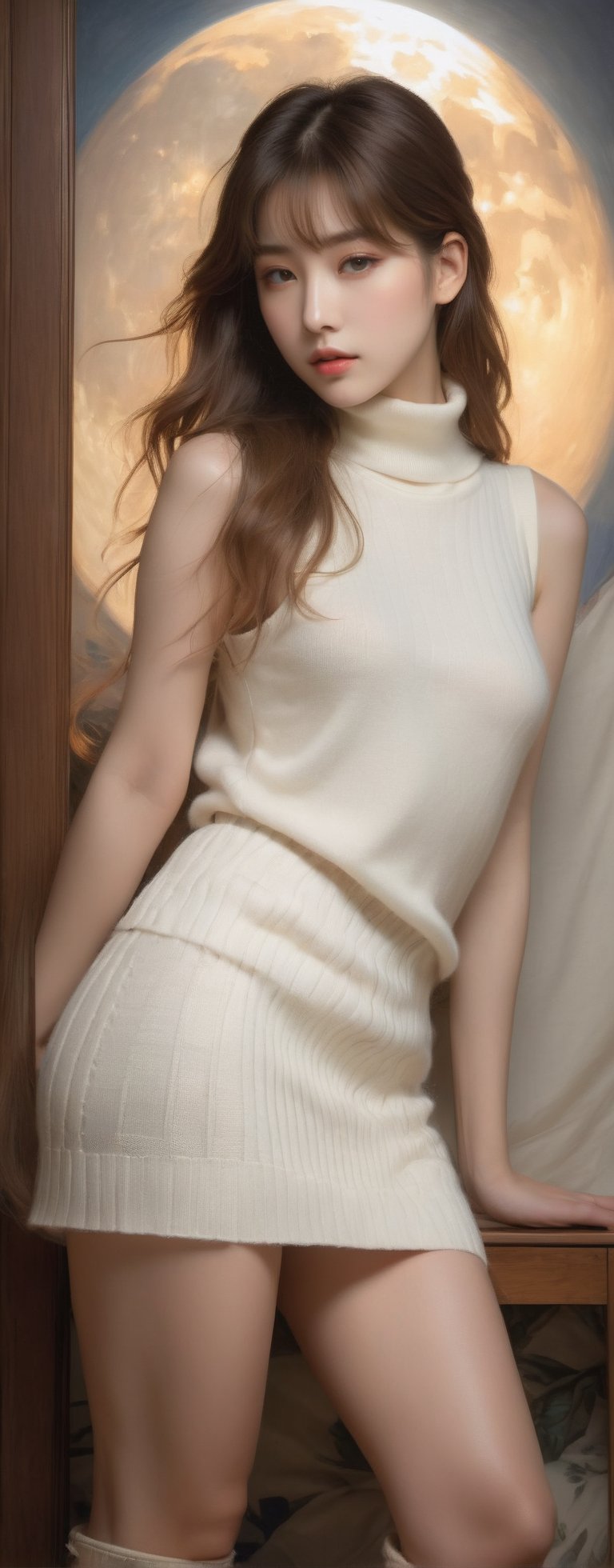 Reflected light, movie lighting, (eroticism: 1.3), 1 person, female, 20 years old, mysterious beautiful girl, delicate features, light brown hair, straight long hair, hanging hairstyle, (parting, bangs: 1.45), dynamic pose, (white turtleneck sleeveless knit sweater, bodycon cargo miniskirt), long boots, full moon night, bedroom, soft focus, excessive overexposure,
Airy Photo, Artstation Trend, (Full Body Portrait, Full Body Esbian),,Auguste Renoir ~ Paul Peel ~ John Singer Sargent ~ Alexandre-Jacques Chantron ~ John William Godward ~ John William Waterhouse ~ Han-Wu Shen ~ Ishitaka Amano ~ Chakrapan Posayakrit ~ Kim Jung Gi ~ Kei Mieno ~ Ikushima Hiroshi ~ WLOP ~ William-Adolphe Bouguereau ~ Alphonse Mucha ~Luis Royo ~ Range Murata ~ Jock Sturges photography ~ David Hamillton photography