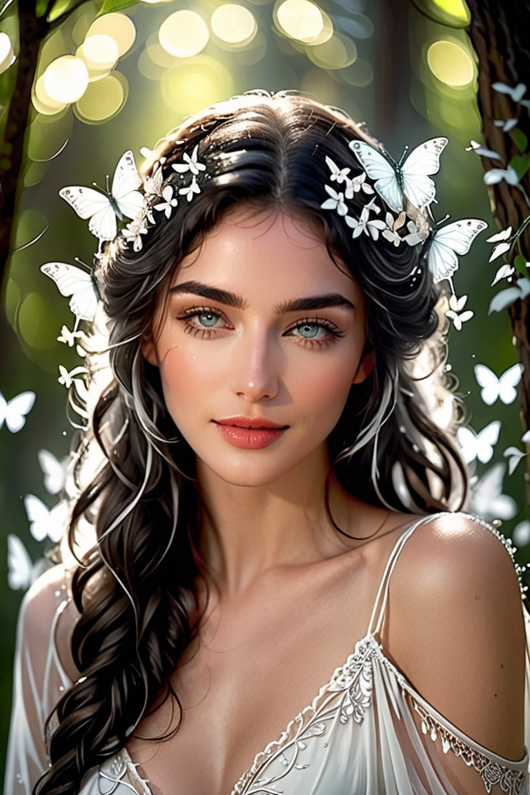 A serene goddess emerges from a silvery white world, set against the mystical backdrop of a deep forest. A low-angle shot captures her stunning features as she smiles warmly, her piercing emerald eyes sparkling with highlights. Her long gray curly hair shines like silk, framing her porcelain skin and high-necked dress adorned with intricate butterfly designs. The camera's shallow depth of field blurs the out-of-focus background, drawing attention to her delicate lips, subtly defined brows, and radiant complexion. A white moon glows in the night sky as a cascade of white butterflies dance around her, their gentle movements evoking an ethereal aura. ((Unreal Engine's denoising tech ensures fine detail and realistic rendering)), epic, fine art, shabby chic, boho gypsy, bohemian, gothic, rococco, marquise,