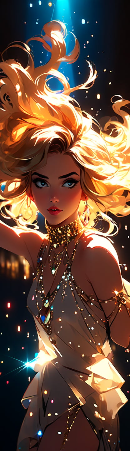 realistic beautiful young (Dazzler by Conrad Roset, Nicola Samori), (purposefully beautiful:1.4), (1920s pinup girl, large eyes, cute face, long hair, golden hair), highly detailed, vibrant, production cinematic character render, ultra high quality model, (Full HD render + immense detail + dramatic lighting), (light particles, lens flare, chromatic aberration:1.3), (view from below:1.5),