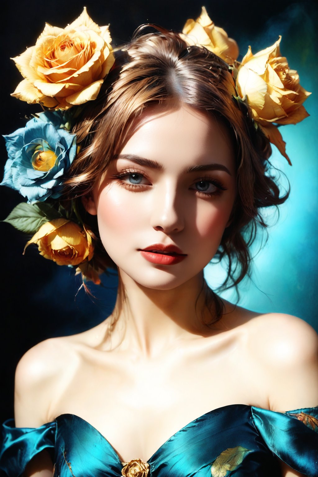 Woman with a mysterious face, surrounded by realistic flowers and Gold Edged Black Roses, high resolution, ultra detailed, vibrant colors, by FuturEvoLab, (masterpiece: 2), best quality, perfect lighting, rich textures, harmonious composition? Gorgeous, beautiful, multicolored hair, blue eyes, excentic, Ben Bauchau, Michael Garmash, Daniel F Gerhartz, Clint Cearley, Carne Griffiths, Jean Baptiste Monge, strybk style, warm dreamy lighting, matte background, volumetric lighting, pulp adventure style, fluid acrylic, dynamic gradients, bold color, illustration, highly detailed, simple, smooth and clean vector curves, vector art, smooth, johan grenier, character design, 3d shadowing, fanbox, cinematic, ornate motifs, elegant organic framing, hyperrealism, posterized, masterpiece collection, bright lush colors, TXAA, penumbra, alcohol paint, wet gouache, ultrarealistic, film grain, surreal, moody, ethereal fantasy, amazing depth, cinematic film still, sharp focus, (James Christensen),bohemian,Boho gypsy, Gustav Klimt, (Anne Bachelier:1.2), (Lillian Bassman, Erwin Blumenfeld),shabby chic,, 1920s retrofuturism, industrial, art deco, coherent, (Dieselpunk:1.3)