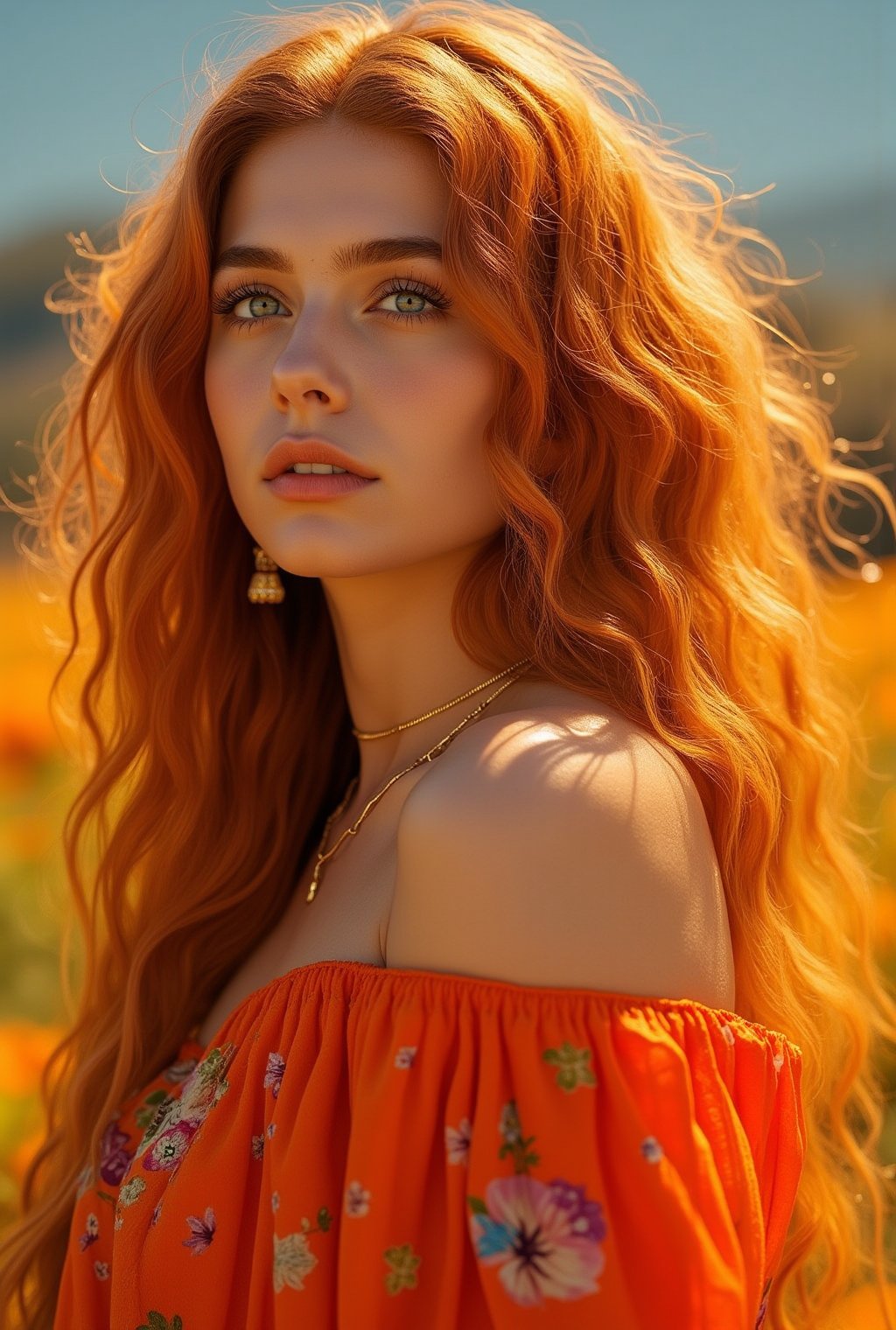 A stunning young woman in her early twenties, embodying the essence of orange hues. Her fiery auburn hair cascades in soft waves around her shoulders, catching the light with warm, golden highlights. Her amber eyes glow like molten sunset, filled with curiosity and spirit. She wears a flowing, silky dress in shades of burnt orange and coral, the fabric glistening like autumn leaves in the sun.Ink drawing of MOGLI, a charismatic girl embracing bohemian lifestyle, irises glisten like shimmering copper, lips subtly pursed, gaze directed skyward in a dreamy fashion, mane detailed with careless precision, features etched with laughter lines, radiating otherworldly charm, posture exudes liberation, capturing vivid expression of life, by Catr, detailed, vibrant, ink on textured paper, dramatic lighting,  Gorgeous, beautiful, multicolored hair, blue eyes, excentic, Ben Bauchau, Michael Garmash, Daniel F Gerhartz, Clint Cearley, Carne Griffiths, Jean Baptiste Monge, strybk style, warm dreamy lighting, matte background, volumetric lighting, pulp adventure style, fluid acrylic, dynamic gradients, bold color, illustration, highly detailed, simple, smooth and clean vector curves, vector art, smooth, johan grenier, character design, 3d shadowing, fanbox, cinematic, ornate motifs, elegant organic framing, hyperrealism, posterized, masterpiece collection, bright lush colors, TXAA, penumbra, alcohol paint, wet gouache, ultrarealistic, film grain, surreal, moody, ethereal fantasy, amazing depth, cinematic film still, sharp focus, (James Christensen),bohemian,Boho gypsy, Gustav Klimt, (Anne Bachelier:1.2), (Lillian Bassman, Erwin Blumenfeld),shabby chic,, 1920s retrofuturism, industrial, art deco, coherent, (Dieselpunk:1.3), sparkles, 

Golden jewelry with small citrine gemstones adorns her wrists and neck, reflecting the warm tones of her attire. She stands in a field of marigolds, the wind gently lifting her dress, her expression joyful and confident, as if she’s a living embodiment of a warm, vibrant sunset.    realistic,detailed,sharp focus,high contrast,trending on artstation,rule of thirds,depth of perspective,chiaroscuro lighting.ek_ph0t0_b00ster,jisosmile