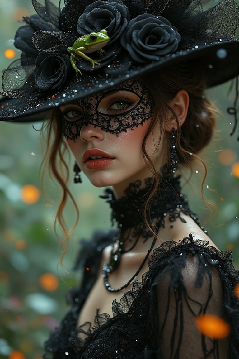 a ultra close up tiny little frog in a raindrop, a close up of a person wearing a mask, dreamy gothic girl, elegant render, half body photo, mistress, photoshop render, ebony rococo, elegant girl, female spy, haunting beautiful young woman, super-hero girl, extravagant dress, beauty girl, zorro, broad brimmed black hat, 8k resolution,Auguste Renoir ~ Paul Peel ~ John Singer Sargent ~ Alexandre-Jacques Chantron ~ John William Godward ~ John William Waterhouse ~ Han-Wu Shen ~ Ishitaka Amano ~ Chakrapan Posayakrit ~ Kim Jung Gi ~ Kei Mieno ~ Ikushima Hiroshi ~ WLOP ~ William-Adolphe Bouguereau ~ Alphonse Mucha ~Luis Royo ~ Range Murata ~ Jock Sturges photography ~ David Hamillton photography ~ Rustic Sketchbook Style, Sketch Book, Hand Drawn, Dark, Gritty, Realistic Sketch, Rough Sketch, Mix of Bold Dark Lines and Loose Lines, Bold Lines, On Paper, Turnaround Character Sheet, Natural Light, Dynamic, Highly Detailed, Watercolor Painting, Watercolor Paper, Artstation, Concept Art, Smooth and Crisp, Sharp Focus, Illustration, Goth girl,.retro glam,,surreal,sparkles