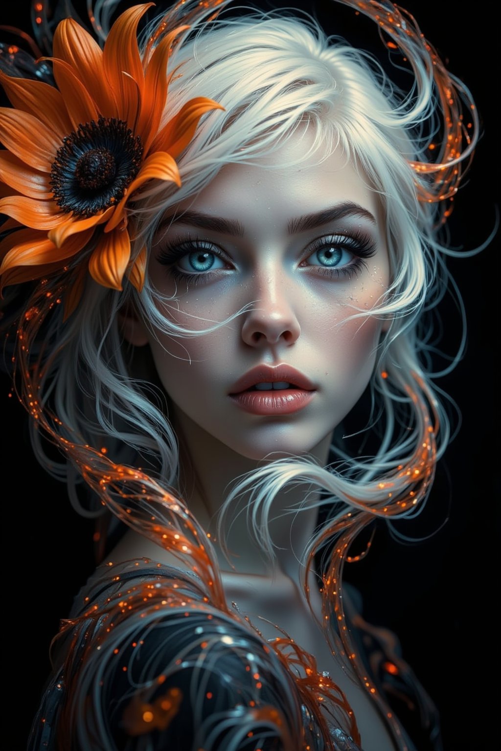 A (((full body shot))) of a (((stunning  albino woman))) whose white hair ((flows gracefully)), blending with the (((softly swirling petals))) of a (orange and black flower) that gently twirls around her form,  her eyes drawn with ultra-detailed long lashes, that captures the essence of natural beauty and elegance, close up 1.3. lady & rayograph,,,victorian vision,.retro glam,,surreal,sparkles,