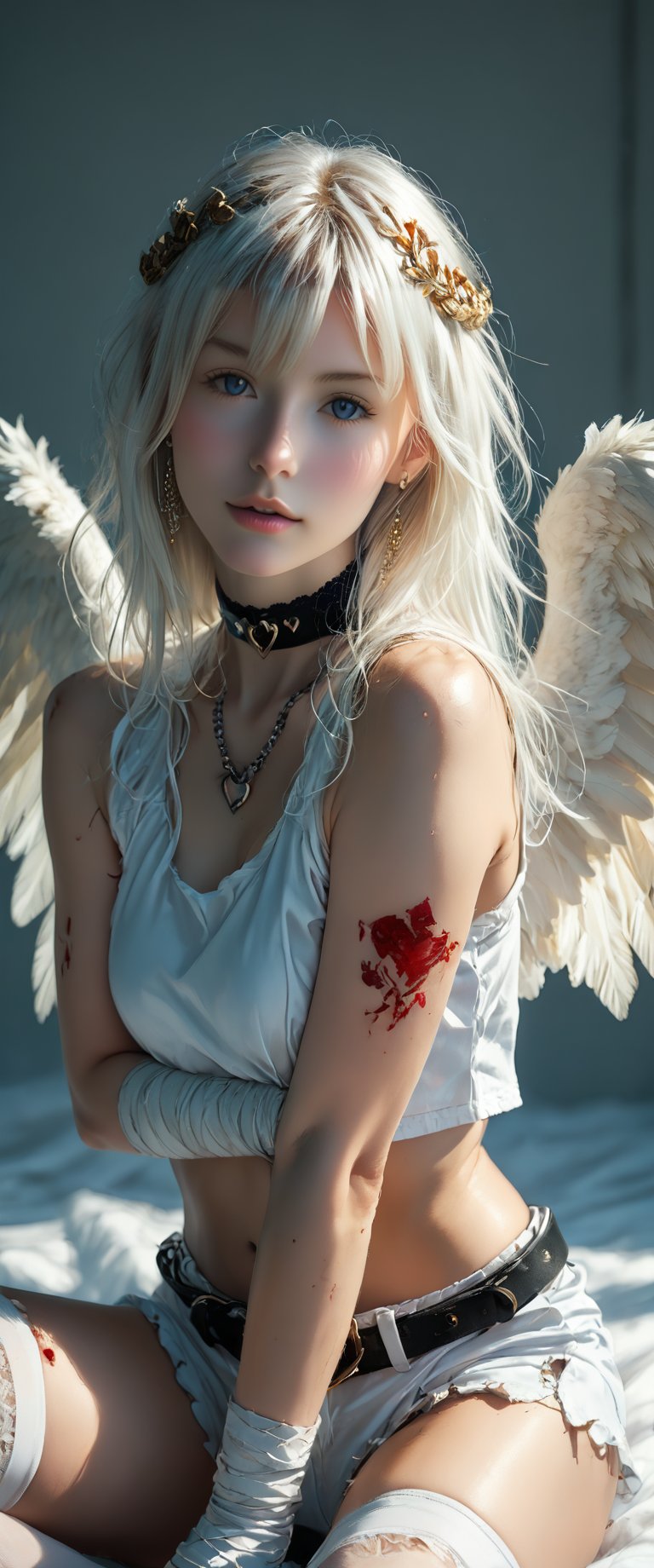 1girl, solo, looking at viewer, bangs, shirt, hair ornament, thighhighs, gloves, jewelry, sitting, white hair, heart, earrings, wings, shorts, sleeveless, choker, elbow gloves, midriff, belt, white gloves, collar, lips, crop top, grey eyes, blood, tattoo, chain, bandages, piercing, bandaid, feathered wings, angel wings, injury, white shorts, bandaged arm, realistic, white wings, bandaid on face, red lips, cuts, heart tattoo, bandaid on arm