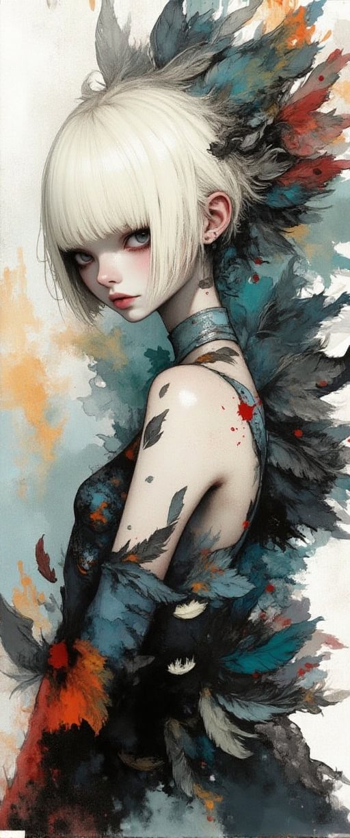 painting of a woman with a white short haircut,  feathers in her hair,  against a background of flying fluff and feathers...
