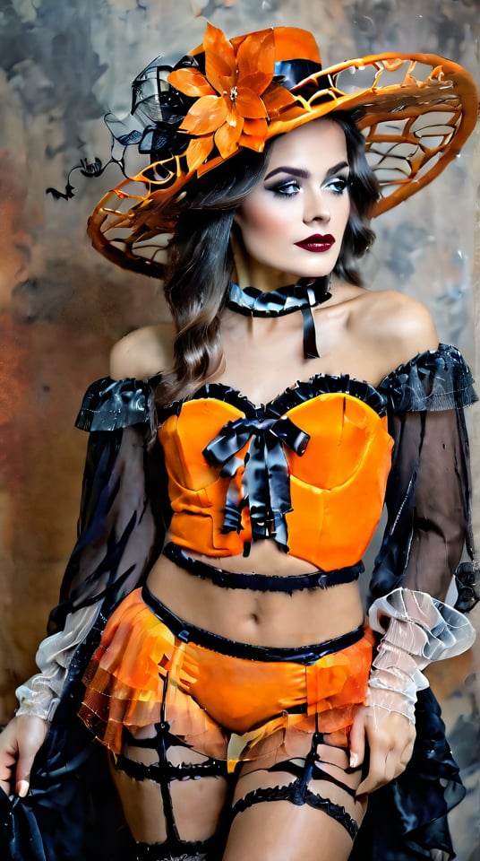 (Princess standing in a palace), 20 years old, looks like a pumpkin skirt, black fishnet stockings, Halloween, a big pumpkin hat, red high heels, an orange dress with glitter,splatter Watercolor ,glamorous and aesthetic,,victorian vision,.retro glam