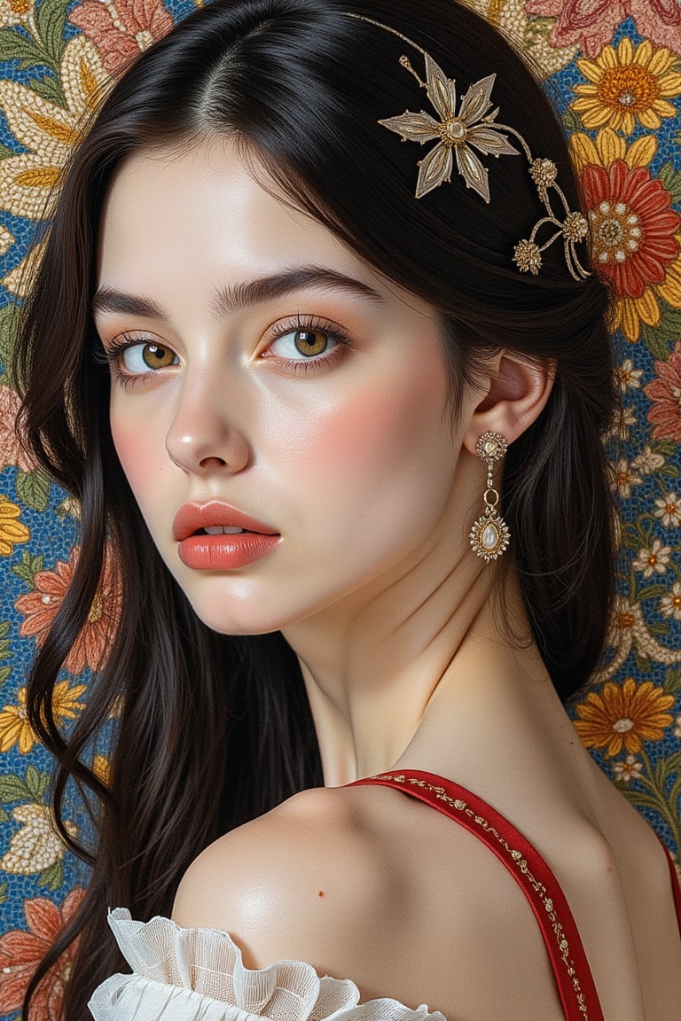 masterpiece of Byzantine mosaics depicts a serene girl with exquisite features in stunning detail. Against a simple yet elegant background, the 16k resolution portrait shines with perfect dynamic composition and bokeh effects. The subjects face is sharply focused, while the surroundings gently blur into a soft focus. A super wide-angle lens captures the high angle shot from above, showcasing her beauty amidst a subtle depth of field.sparkles,Auguste Renoir ~ Paul Peel ~ John Singer Sargent ~ Alexandre-Jacques Chantron ~ John William Godward ~ John William Waterhouse ~ Han-Wu Shen ~ Ishitaka Amano ~ Chakrapan Posayakrit ~ Kim Jung Gi ~ Kei Mieno ~ Ikushima Hiroshi ~ WLOP ~ William-Adolphe Bouguereau ~ Alphonse Mucha ~Luis Royo ~ Range Murata ~ Jock Sturges photography ~ David Hamillton photography ~ Rustic Sketchbook Style, Sketch Book, Hand Drawn, Dark, Gritty, Realistic Sketch, Rough Sketch, Mix of Bold Dark Lines and Loose Lines, Bold Lines, On Paper, Turnaround Character Sheet, Natural Light, Dynamic, Highly Detailed, Watercolor Painting, Watercolor Paper, Artstation, Concept Art, Smooth and Crisp, Sharp Focus, Illustration, Goth girl,vibrant colors