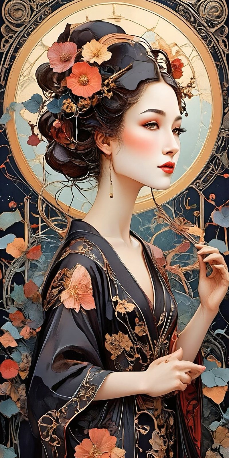 a woman with a flowered headpiece and a black dress,  cyberpunk art by Lü Ji,  cgsociety by Medlinyelle on Tensor.Art