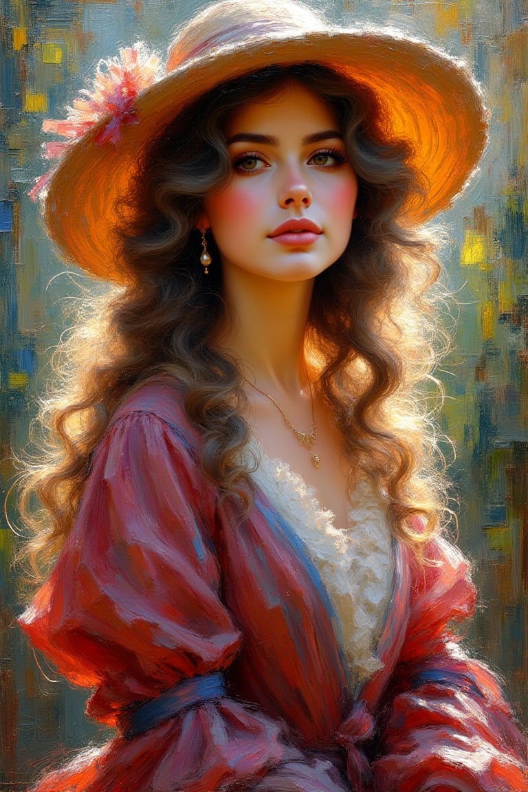 A fine art oil painting in an Impressionist style, depicting a young woman with long, loosely curled hair touched by subtle highlights. She is dressed in vibrant, flowing period clothing, painted in loose, expressive strokes. The folds and texture of her garments, in rich tones of reds, deep blues, and warm golds, blend softly together, with colors flowing into each other to create a sense of movement and light. She wears a large, floppy hat, its soft, dramatic curves suggested with quick, light brushstrokes that give it an airy, whimsical feel. The lighting is soft and diffused, eliminating harsh contrasts and instead focusing on how light subtly interacts with her features, creating a serene, glowing atmosphere. The composition centers on her calm and captivating expression, with dappled light gently highlighting her face. The visible brushstrokes are short and broken, blending colors optically rather than through detailed realism, capturing the fleeting quality of light and atmosphere, hallmarks of the Impressionist style.Auguste Renoir ~ Paul Peel ~ John Singer Sargent ~ Alexandre-Jacques Chantron ~ John William Godward ~ John William Waterhouse ~ Han-Wu Shen ~ Ishitaka Amano ~ Chakrapan Posayakrit ~ Kim Jung Gi ~ Kei Mieno ~ Ikushima Hiroshi ~ WLOP ~ William-Adolphe Bouguereau ~ Alphonse Mucha ~Luis Royo ~ Range Murata ~ Jock Sturges photography ~ David Hamillton photography,sparkles,surreal