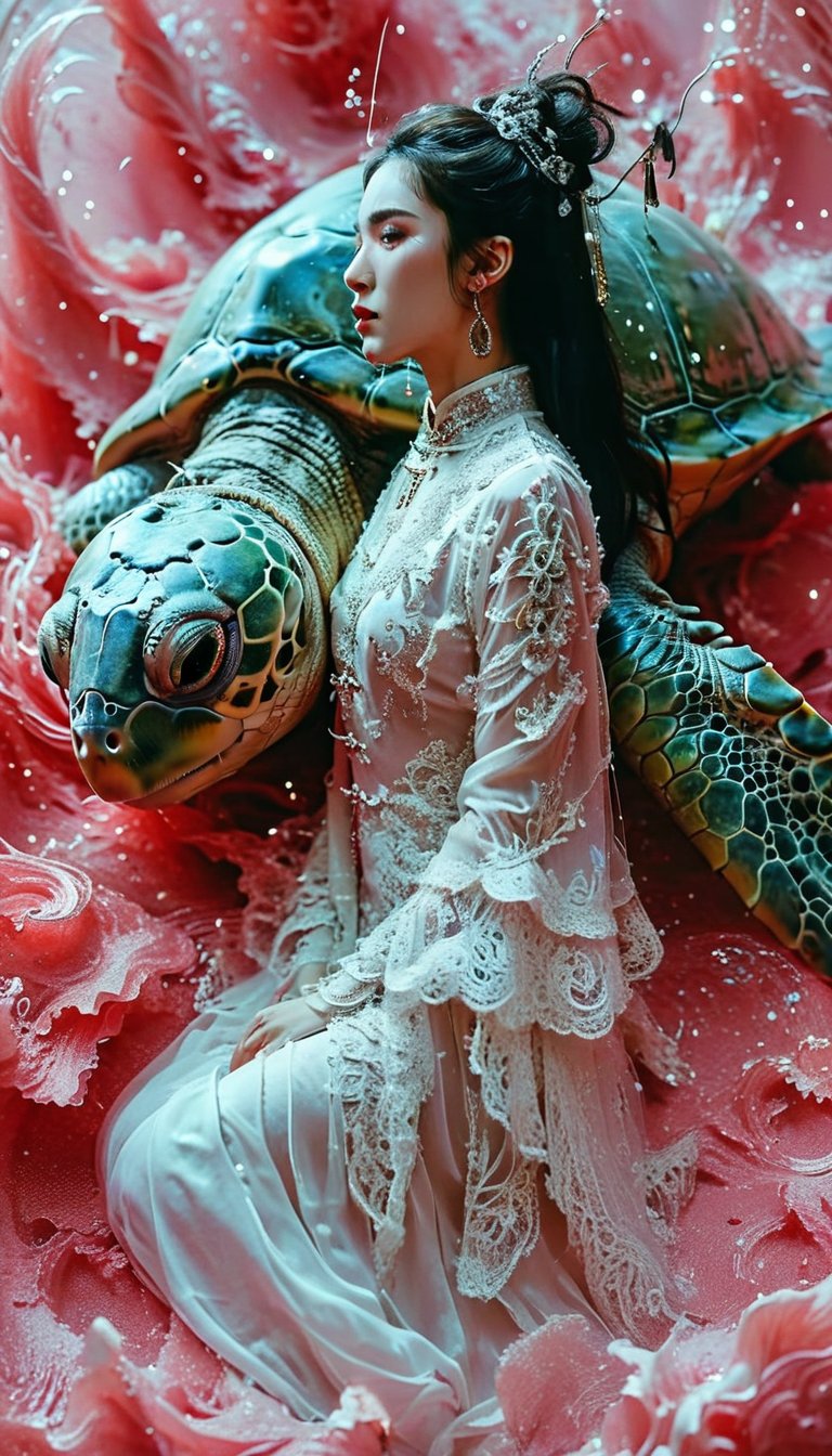 an intricate details gothic girl with intricate details screaming face,  crouching on top of big intricate details turtle...
