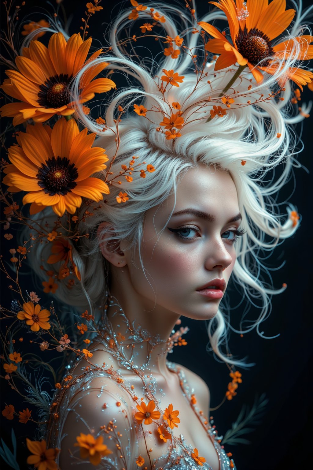 A (((full body shot))) of a (((stunning  albino woman))) whose white hair ((flows gracefully)), blending with the (((softly swirling petals))) of a (orange and black flower) that gently twirls around her form,  her eyes drawn with ultra-detailed long lashes, that captures the essence of natural beauty and elegance, close up 1.3. lady & rayograph,,,victorian vision,.retro glam,,surreal,sparkles,