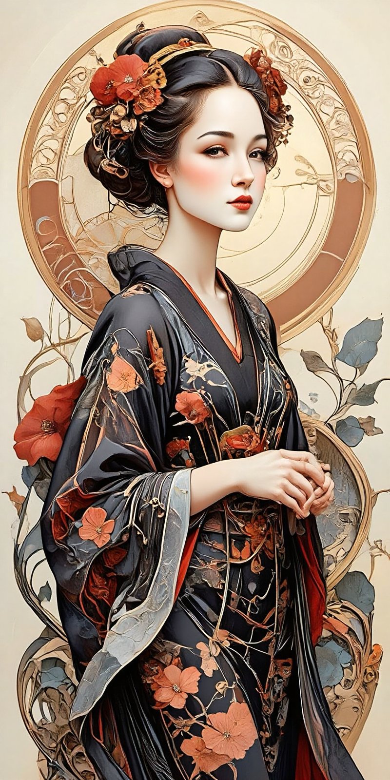 a woman with a flowered headpiece and a black dress,  cyberpunk art by Lü Ji,  cgsociety by Medlinyelle on Tensor.Art