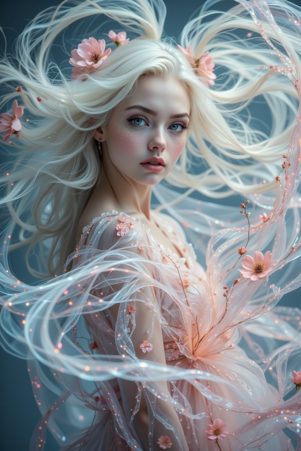 A (((full body shot))) of a (((stunning  albino woman))) whose white hair ((flows gracefully)), blending with the (((softly swirling petals))) of a (pastel coloured  flower) that gently twirls around her form,  her eyes drawn with ultra-detailed long lashes, that captures the essence of natural beauty and elegance, close up 1.3. lady & rayograph,,,victorian vision,.retro glam,,surreal,sparkles,