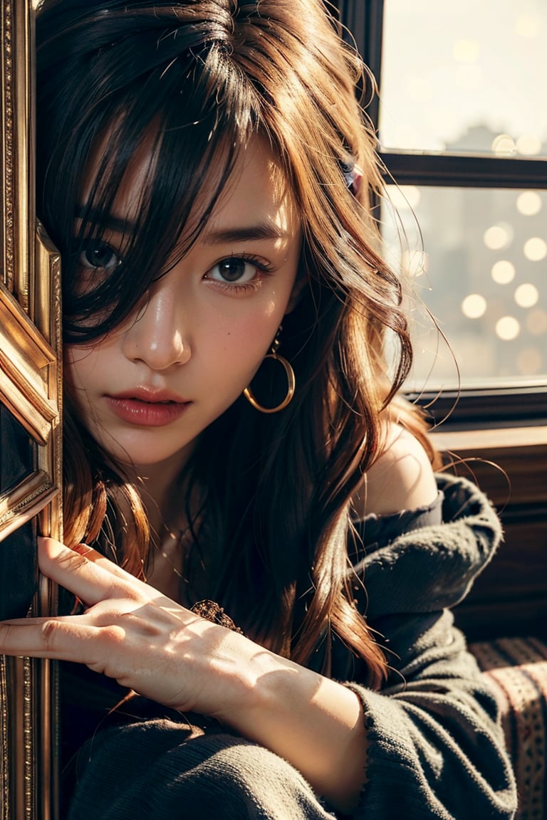 a young woman,looking at the camera, posing,ulzzang, streaming on twitch, character album cover,red moment,style of bokeh,daily wear,moody lighting,appropriate comparison of cold and warm, hair over one eye, bow on head, reality,idol,Beauty,beauty, fine art, boho gypsy, epic, shabby chic,  