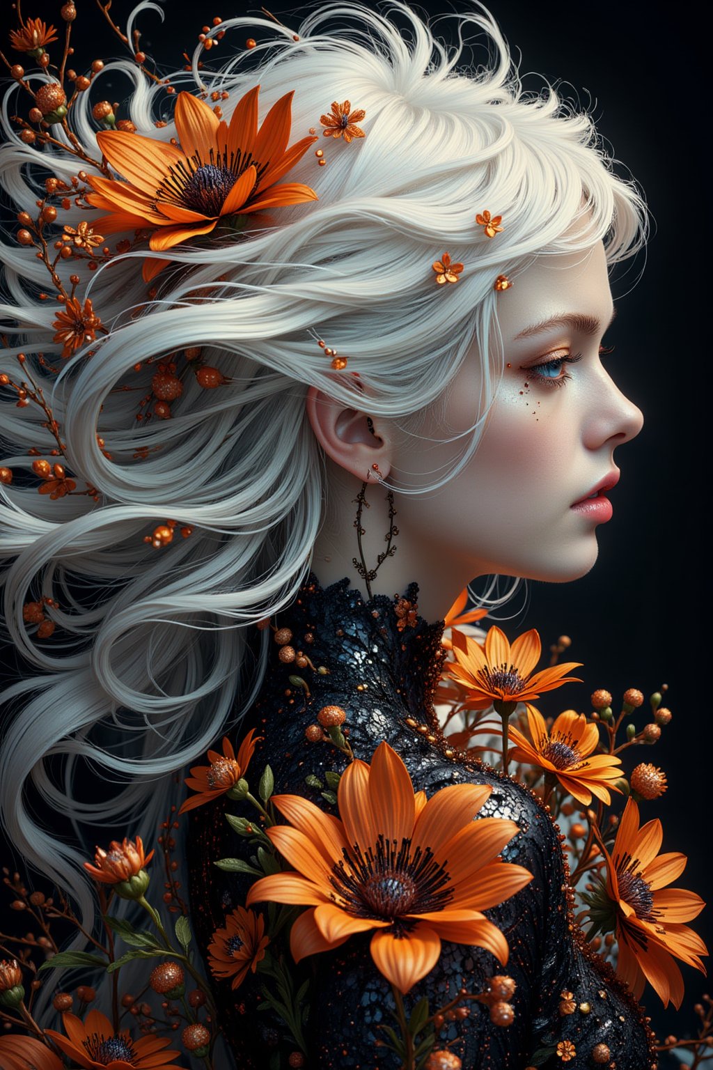 A (((full body shot))) of a (((stunning  albino woman))) whose white hair ((flows gracefully)), blending with the (((softly swirling petals))) of a (orange and black flower) that gently twirls around her form,  her eyes drawn with ultra-detailed long lashes, that captures the essence of natural beauty and elegance, close up 1.3. lady & rayograph,,,victorian vision,.retro glam,,surreal,sparkles,