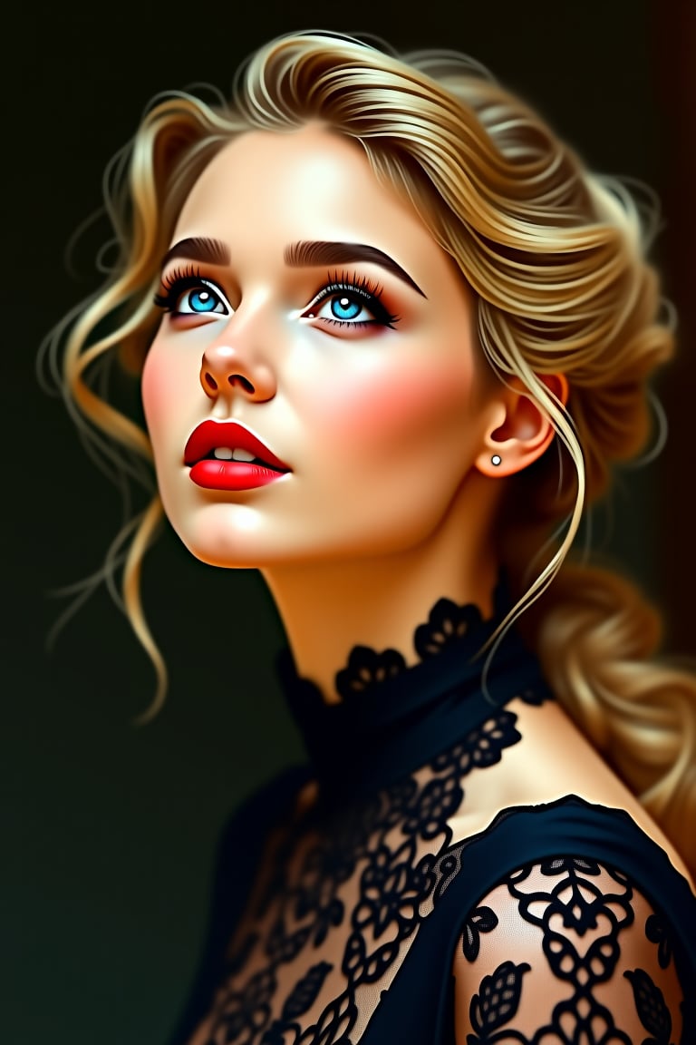 A hyper-realistic portrait of a young woman with delicate facial features,  captured in soft,  warm lighting. She has smoo...