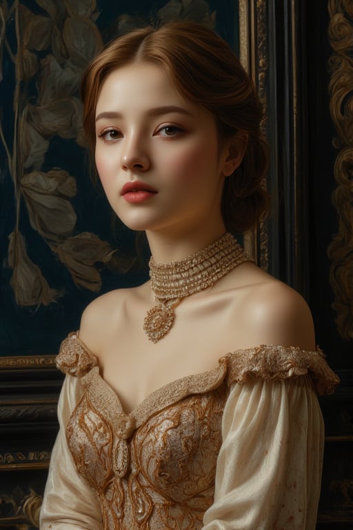 score_9, score8_up,(absurd quality,16k,highres,masterpiece), ultra details,UHD,(photorealistic Realism 16K Quality),A stylish and elegant young woman from privileged society, her refined features exude sophistication and grace. This exquisite portrait, possibly a beautifully crafted oil painting, showcases her in a flowing gown of luxurious silk, adorned with intricate lace and delicate embroidery. Every meticulous brushstroke captures the essence of opulence, from the shimmering jewels adorning her neck to the intricate updo that perfectly frames her face. The image radiates an aura of wealth and stature, transporting viewers into the glamorous world of high society