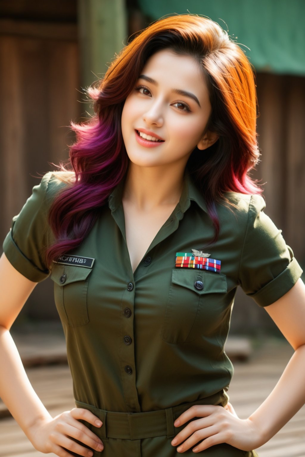 (majestic:1.5), hyper realistic, highly detailed, uhd:1.3, RAW photo, A vibrant teenage  army girl, 18 years old, very fair complexion, pale skin:1.3, ( kriti sannon:1.2), (shraddha kapoor:0.8), cute cleavage visible, perfect natural extra large-medium breasts, with long black hair, detailed and shinning glossy lips, detailed nose, detailed teeth, detailed glossy lips, drive  warm-toned army tank, atteck pose, flirty, . Her colourful hair takes center stage as she dances playfully, her eyes sparkling with joy.The soft lighting and rustic wooden flooring create a cozy atmosphere, while the army uniform,(heavy dark green shirt and pants)smile ,full body view, adds a pop of vibrancy to the scene., extremely detailed surroundings, intricately detailed, very natural, very photorealistic , full-body_portrait, atteck on enimies