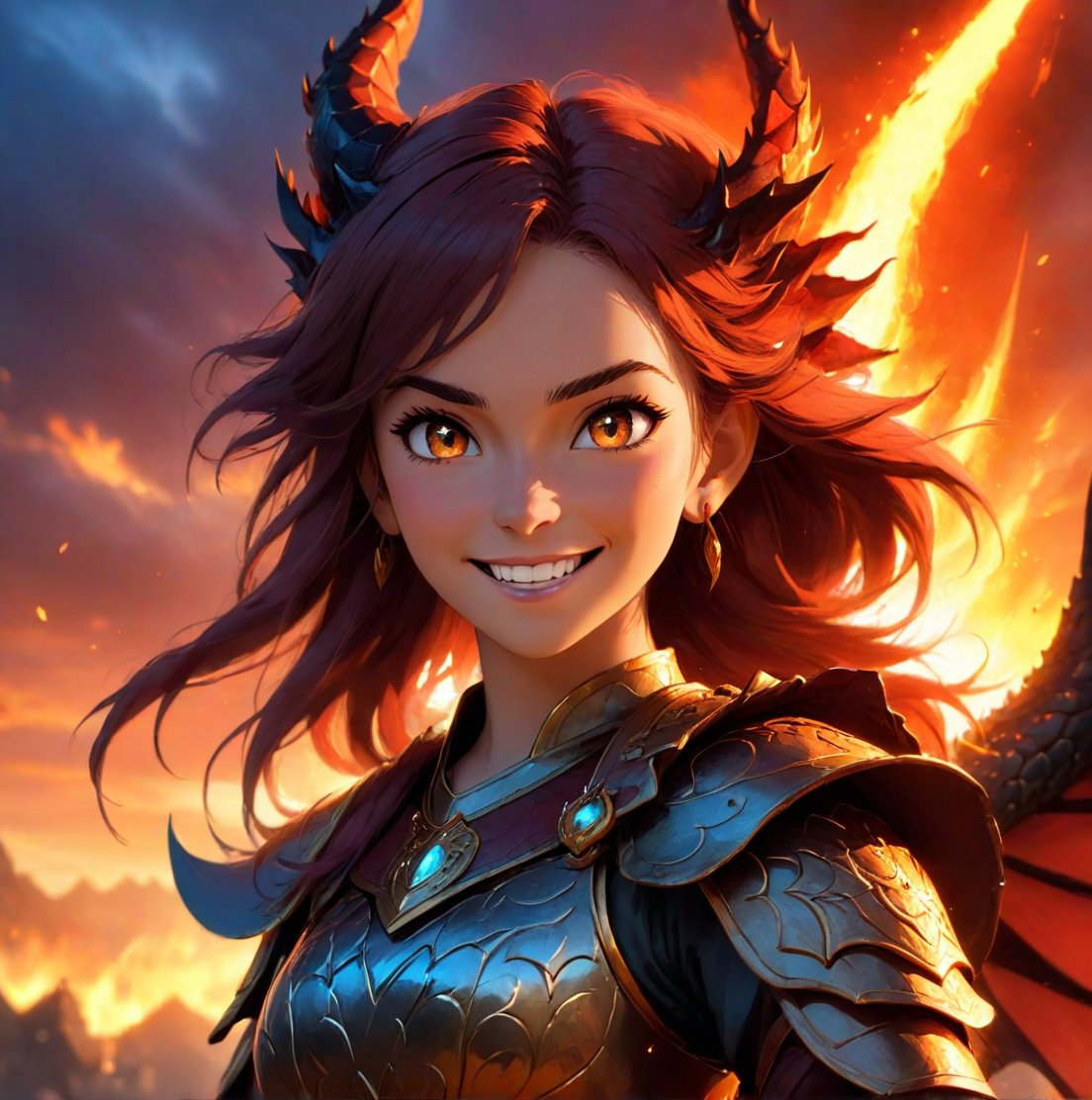 Close-up view: A battle-scarred warrior princess grins fiercely at the viewer, her eyes glowing with magical energy. Behind her, out of focus, a dragon's silhouette roars against a fiery sky., 3D, real life, high_resolution, dynamic lighting, MasterF, perfect face