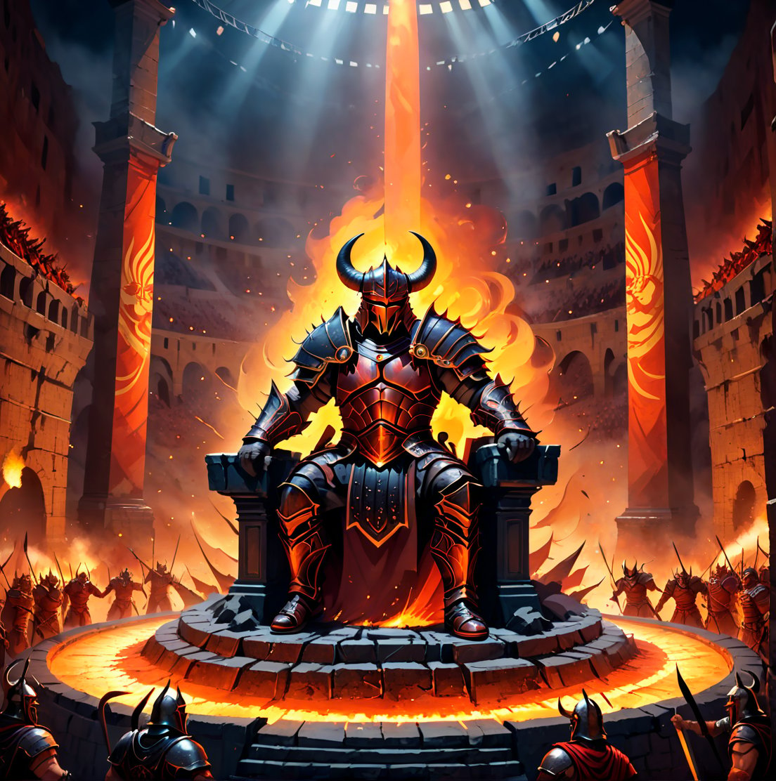 Demonic warrior presiding over a hellish gladiatorial arena. Subject: Seated on floating obsidian throne above arena. Medium: Digital illustration. Style: Infernal dark fantasy. Composition: High angle view of arena, warrior overlooking. Color and lighting: Reds and oranges, spotlights on combatants below. Costume: Elaborate armor with trophy racks of defeated foes. Props: Goblet of lava, signal flags for arena control. Background: Massive colosseum filled with demon spectators, battles below. Atmosphere: Bloodthirsty excitement, heat of competition. Detailed variety of demonic gladiators and monstrous beasts. Contrast between warrior's stoic observation and chaos of arena, dynamic composition, 3D, real life, high_resolution, dynamic lighting, MasterF, perfect face, dramatic watercolor, nodf_xl, more detail XL, Dark_Mediaval,