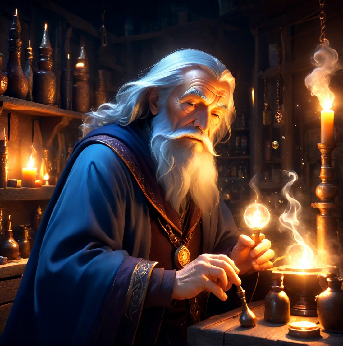 elderly wizard, bubbling potions, magical ingredients, glowing runes, cluttered workbench, candlelit ambiance, smoke and vapor effects, mystical atmosphere, 3D, real life, high_resolution, dynamic lighting, MasterF, perfect face