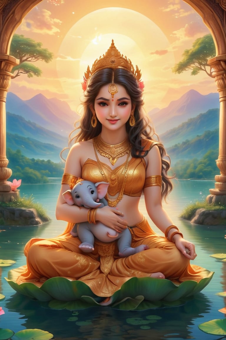 "Create a serene scene of Goddess Parvati seated on a lotus in a tranquil setting. She is holding baby Ganesha in her lap, gently cradling him. Parvati has a calm, nurturing expression, adorned in traditional Indian attire with intricate jewelry. The background should include soft, golden sunlight filtering through lush greenery, with a peaceful river flowing in the distance. Ganesha is shown as a joyful infant with an elephant head, smiling and looking at Parvati. The atmosphere should feel divine, warm, and full of love."