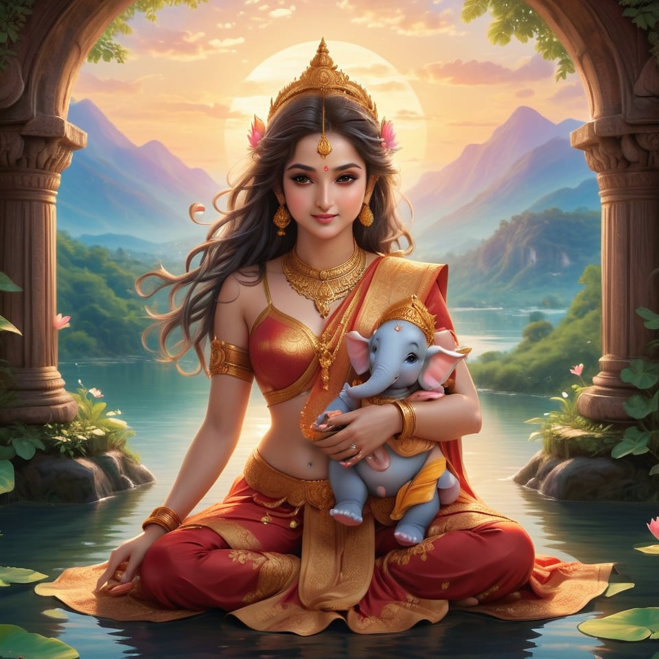 "Create a serene scene of Goddess Parvati seated on a lotus in a tranquil setting. She is holding baby Ganesha in her lap, gently cradling him. Parvati has a calm, nurturing expression, adorned in traditional Indian attire with intricate jewelry. The background should include soft, golden sunlight filtering through lush greenery, with a peaceful river flowing in the distance. Ganesha is shown as a joyful infant with an elephant head, smiling and looking at Parvati. The atmosphere should feel divine, warm, and full of love."